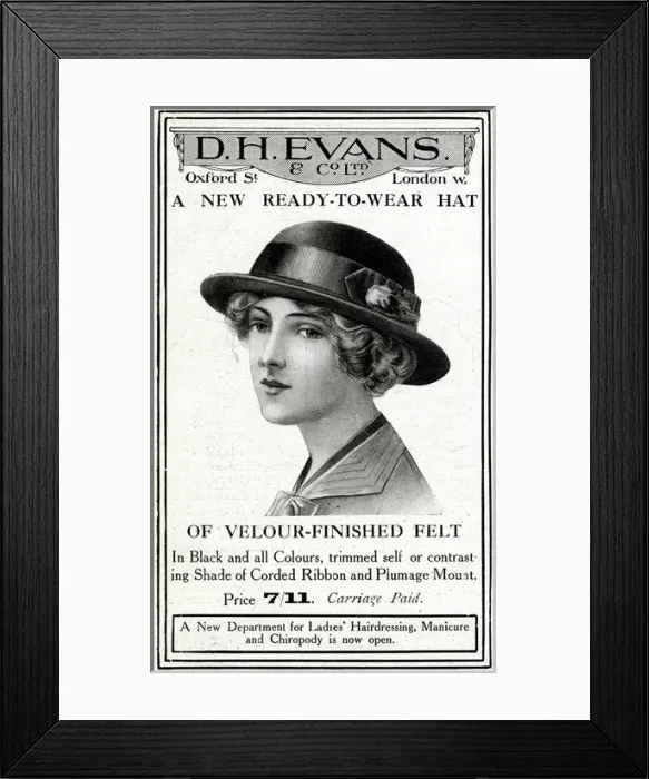 Framed Print : Advert for D. H Evans ready-to-wear felt hat 1914 Framed Print : Advert for D. H Evans ready-to-wear felt hat 1914