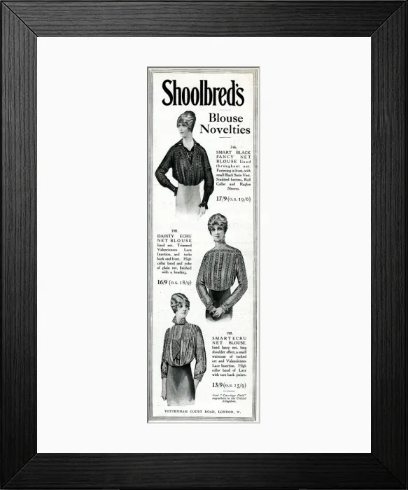 Framed Print : Advert for Shoolbreds blouses 1914 Framed Print : Advert for Shoolbreds blouses 1914