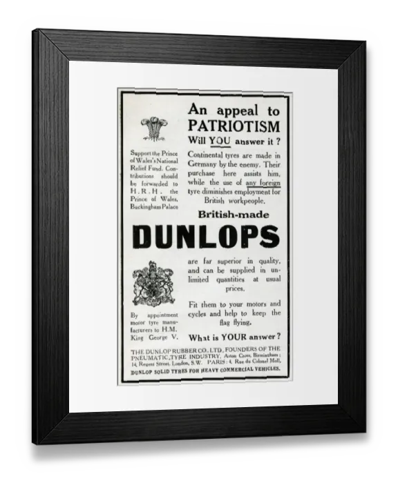 Framed Print : Advertisement for Dunlop tyres, WW1 Framed Print : Advertisement for Dunlop tyres, WW1
