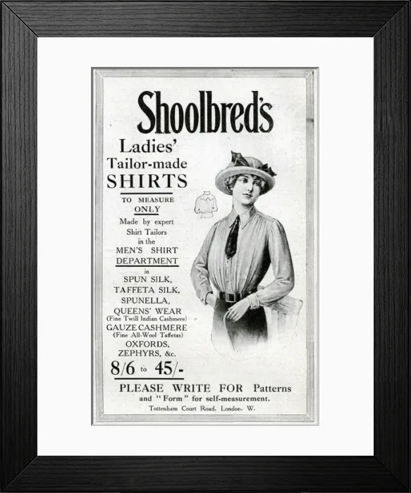 Framed Print : Advertisement for Shoolbreds ladies shirts Framed Print : Advertisement for Shoolbreds ladies shirts