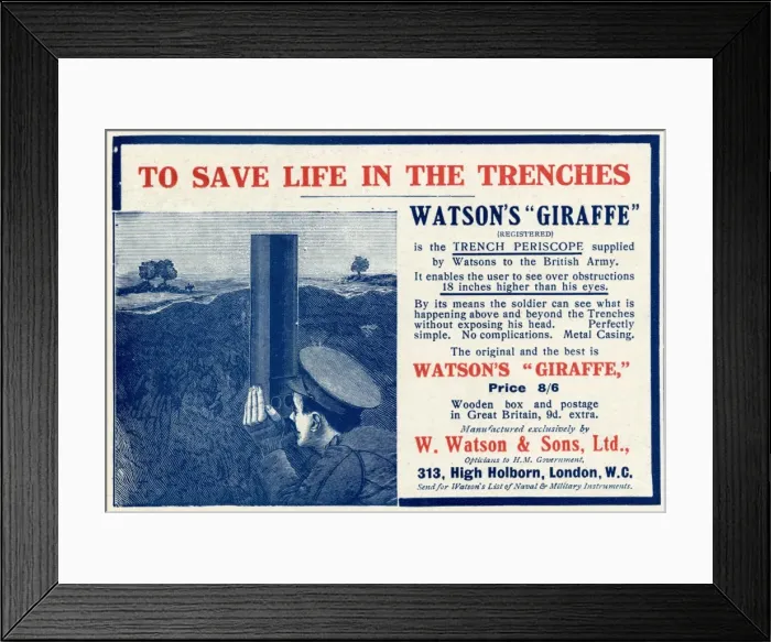 Framed Print : Advert for Watsons Giraffe trench periscope 1915 Framed Print : Advert for Watsons Giraffe trench periscope 1915