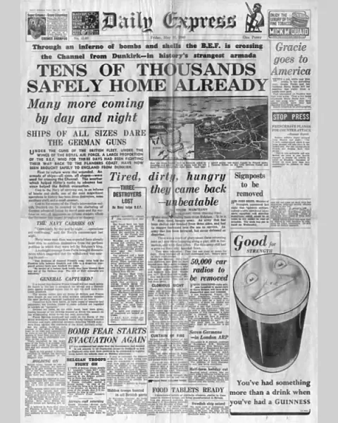 Newspaper front cover: evacuation of Dunkirk, 1940