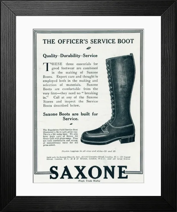 Framed Print : Advert for Saxone service boot 1918 Framed Print : Advert for Saxone service boot 1918