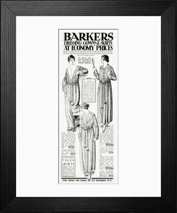 Framed Print : Advert for Barkers womens dressing gown and skirts 1918 Framed Print : Advert for Barkers womens dressing gown and skirts 1918