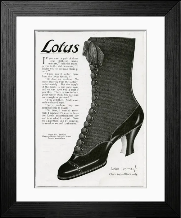 Framed Print : Advert for Lotus boots 1916 Framed Print : Advert for Lotus boots 1916