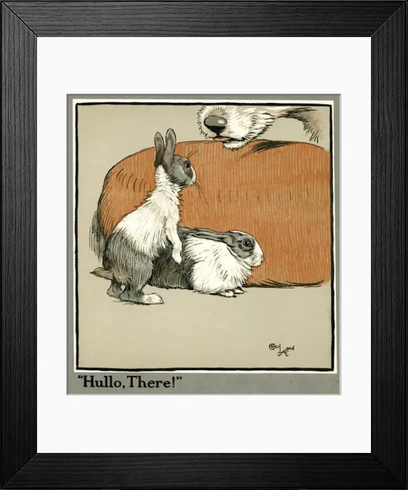 Framed Print : Humpty and Dumpty the rabbits meet a dog Framed Print : Humpty and Dumpty the rabbits meet a dog