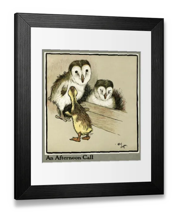 Framed Print : Master Quack the duckling meets two owls Framed Print : Master Quack the duckling meets two owls