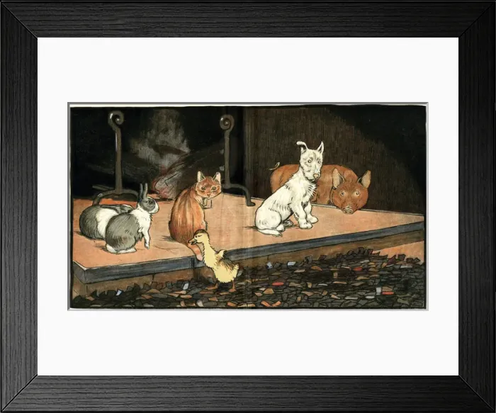 Framed Print : The duckling joins the other animals by the fire Framed Print : The duckling joins the other animals by the fire