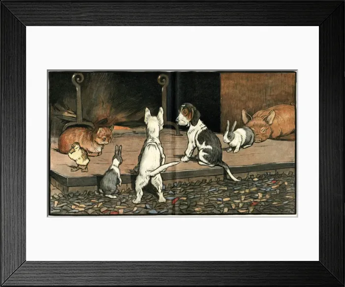Framed Print : Forager the puppy joins the other animals by the fire Framed Print : Forager the puppy joins the other animals by the fire