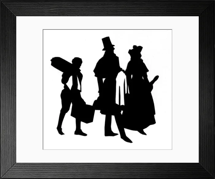 Framed Print : Silhouette of Georgian couple and young porter Framed Print : Silhouette of Georgian couple and young porter