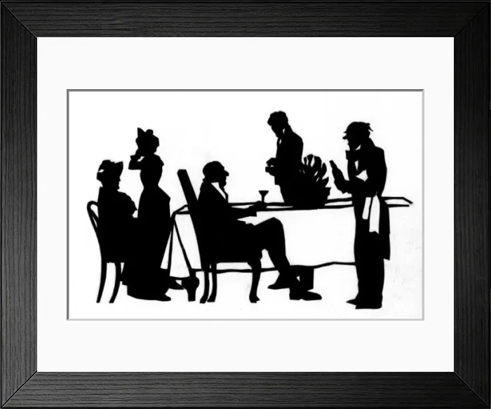 Framed Print : Silhouette of diners and waiters at a table Framed Print : Silhouette of diners and waiters at a table