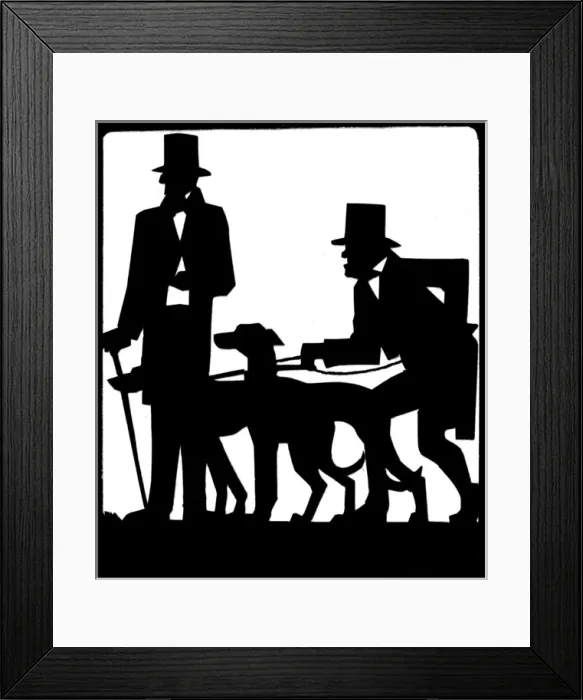Framed Print : Silhouette of two men with dogs Framed Print : Silhouette of two men with dogs