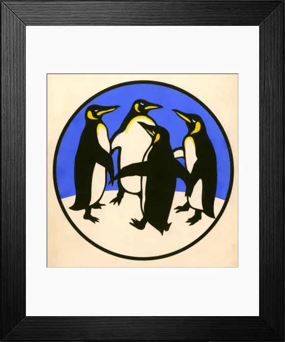 Framed Print : Coloured silhouette of four penguins dancing Framed Print : Coloured silhouette of four penguins dancing
