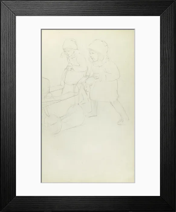 Framed Print : Pencil sketch of two girls with prams Framed Print : Pencil sketch of two girls with prams