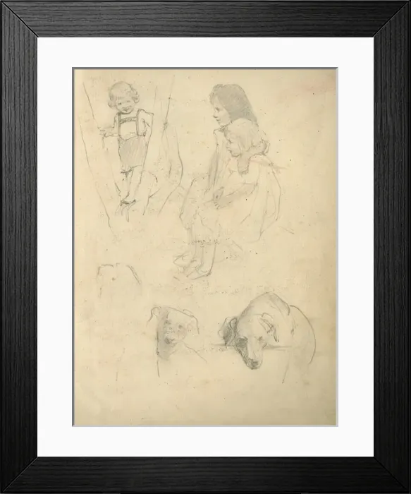 Framed Print : Pencil sketches of children and dogs Framed Print : Pencil sketches of children and dogs