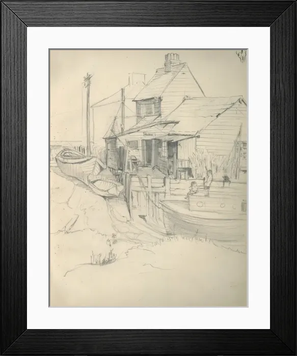 Framed Print : Pencil sketch of building and boats Framed Print : Pencil sketch of building and boats