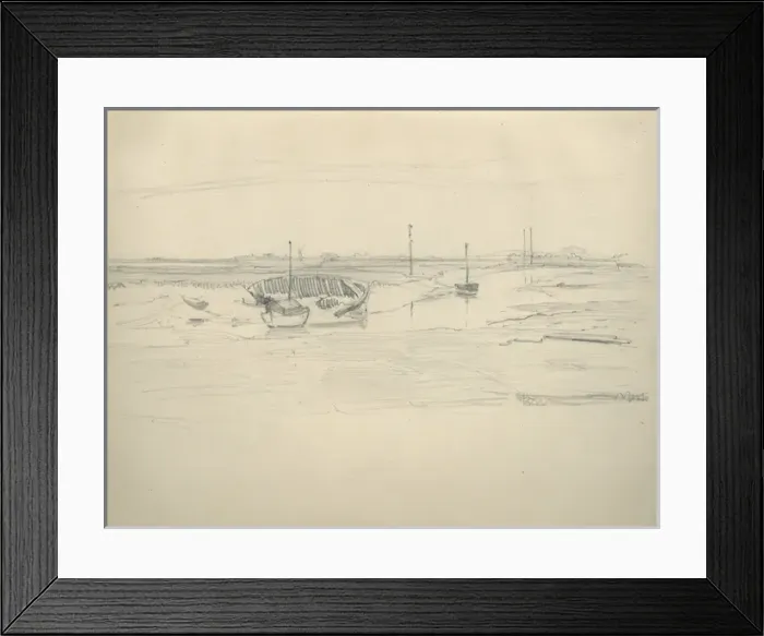 Framed Print : Pencil sketch of landscape with boats Framed Print : Pencil sketch of landscape with boats