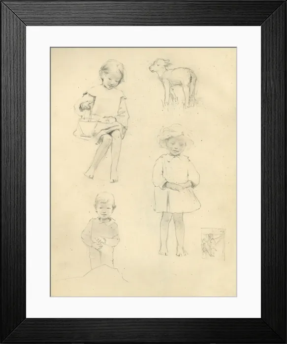 Framed Print : Pencil sketches of children and lamb Framed Print : Pencil sketches of children and lamb