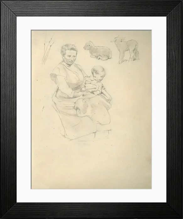 Framed Print : Pencil sketch of woman, child and lambs Framed Print : Pencil sketch of woman, child and lambs