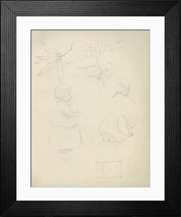 Framed Print : Pencil sketches of toddlers, flowers and leaves Framed Print : Pencil sketches of toddlers, flowers and leaves