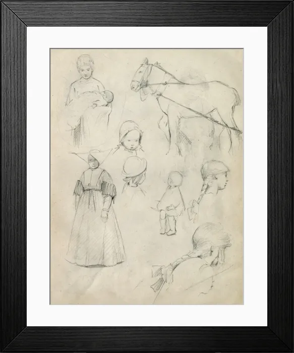 Framed Print : Pencil sketches of adults, children and a horse Framed Print : Pencil sketches of adults, children and a horse