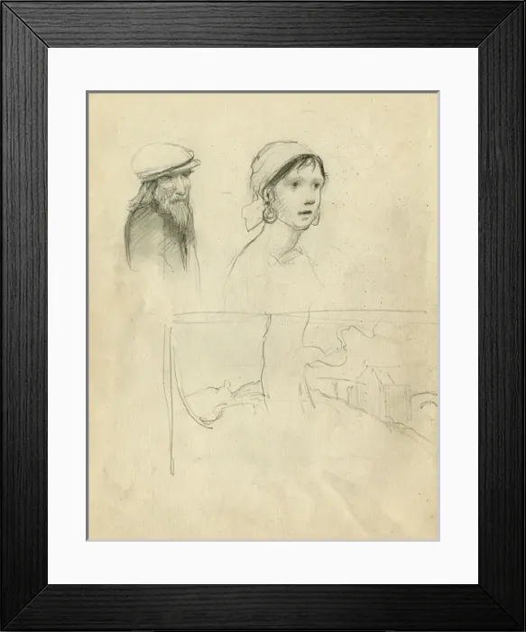 Framed Print : Pencil sketches of young woman and old man