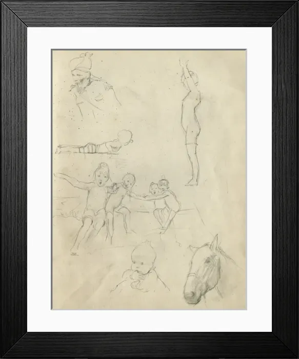 Framed Print : Pencil sketches of people and a horses head Framed Print : Pencil sketches of people and a horses head