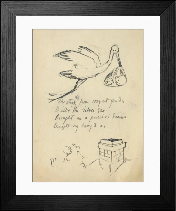 Framed Print : Illustrated page, stork and baby, by Muriel Dawson Framed Print : Illustrated page, stork and baby, by Muriel Dawson