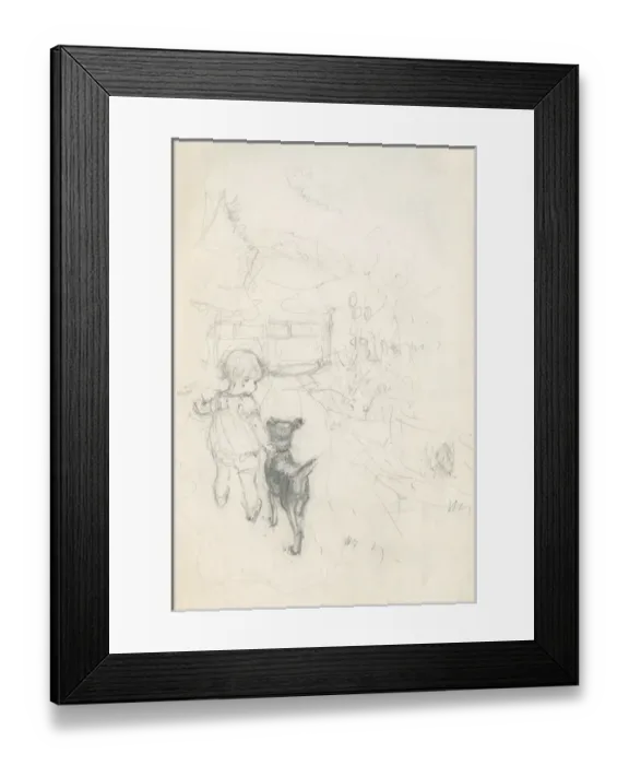 Framed Print : Pencil sketch of toddler and dog Framed Print : Pencil sketch of toddler and dog