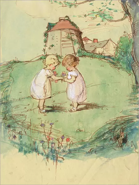 Two little girls in a garden by Muriel Dawson