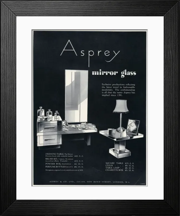 Framed Print : Advert for Asprey mirror glass bedroom furniture 1934 Framed Print : Advert for Asprey mirror glass bedroom furniture 1934