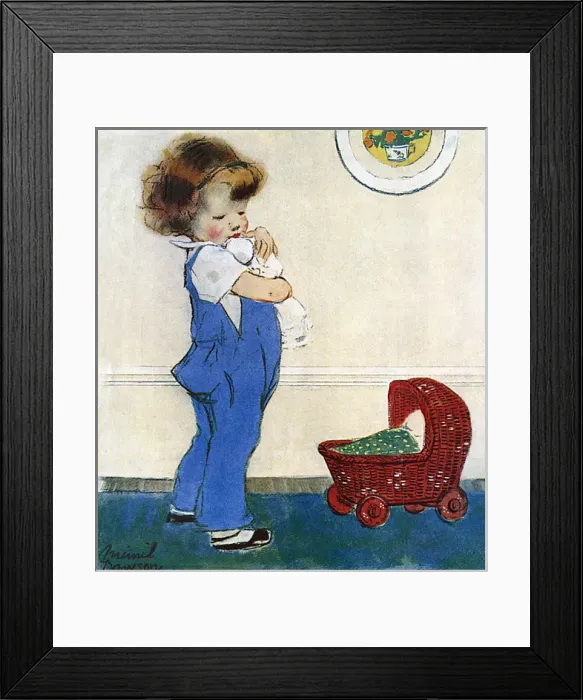 Framed Print : Little girl with doll and cradle by Muriel Dawson Framed Print : Little girl with doll and cradle by Muriel Dawson