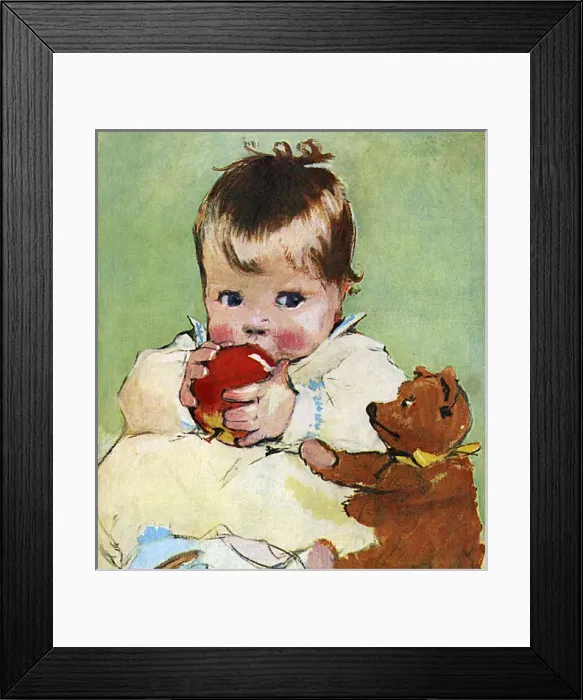 Framed Print : Toddler with apple and teddy by Muriel Dawson Framed Print : Toddler with apple and teddy by Muriel Dawson