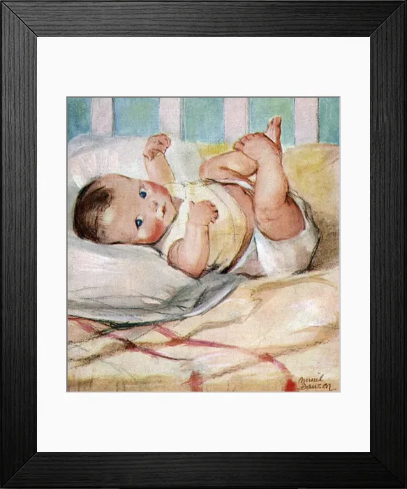 Framed Print : Baby in a cot by Muriel Dawson Framed Print : Baby in a cot by Muriel Dawson