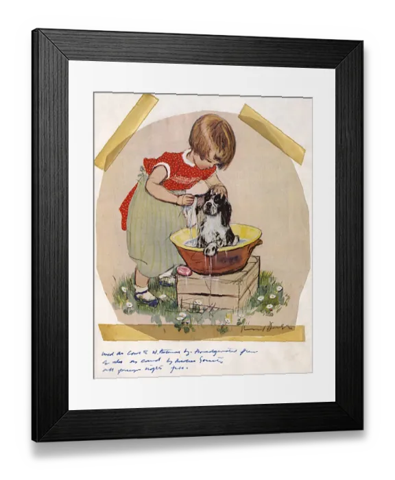 Framed Print : Girl bathing dog by Muriel Dawson Framed Print : Girl bathing dog by Muriel Dawson