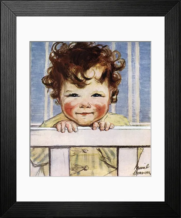 Framed Print : Toddler looking over side of cot by Muriel Dawson Framed Print : Toddler looking over side of cot by Muriel Dawson
