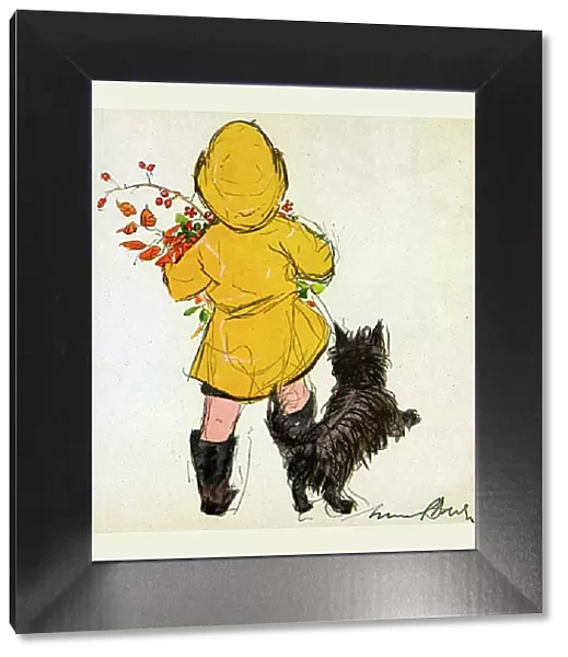 Girl in yellow with black dog, by Muriel Dawson