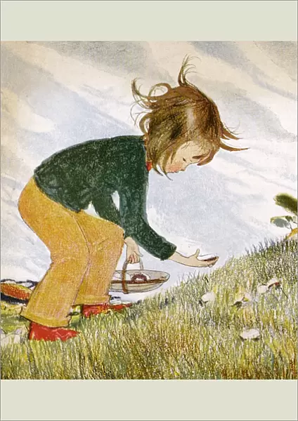 Little girl picking mushrooms by Muriel Dawson