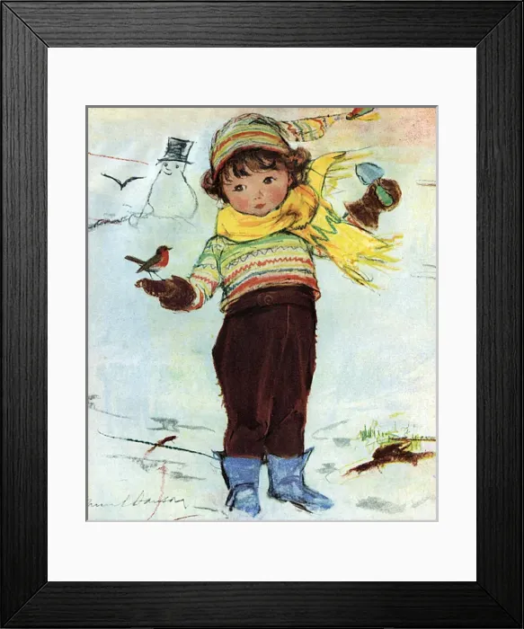 Framed Print : Little boy with robin and snowman by Muriel Dawson Framed Print : Little boy with robin and snowman by Muriel Dawson