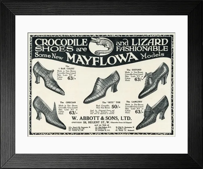 Framed Print : Advert for Mayflowa crocodile and lizard womens shoes 1923 Framed Print : Advert for Mayflowa crocodile and lizard womens shoes 1923