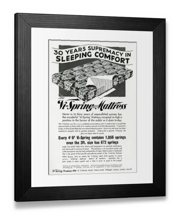 Framed Print : Advert for Vi-spring Mattress 1935 Framed Print : Advert for Vi-spring Mattress 1935