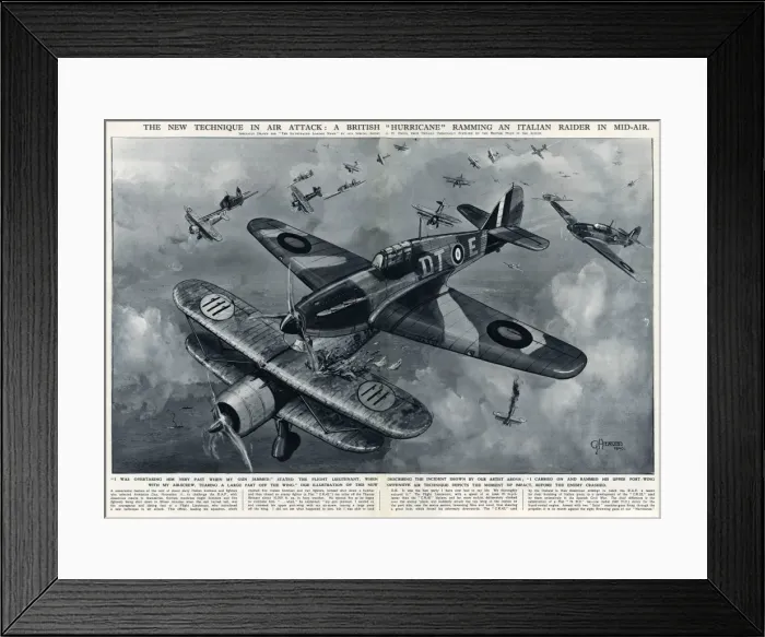 Framed Print : British Hurricane ramming Italian raider by G. H. Davis Framed Print : British Hurricane ramming Italian raider by G. H. Davis