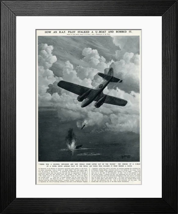 Framed Print : RAF pilot bombing U-boat by G. H. Davis Framed Print : RAF pilot bombing U-boat by G. H. Davis