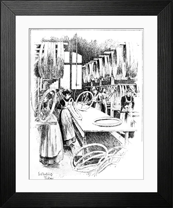 Framed Print : Manufacture of Dunlop tyres, 1896: inflating the tubes Framed Print : Manufacture of Dunlop tyres, 1896: inflating the tubes