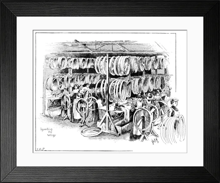 Framed Print : Manufacture of Dunlop tyres, 1896: inserting the wires