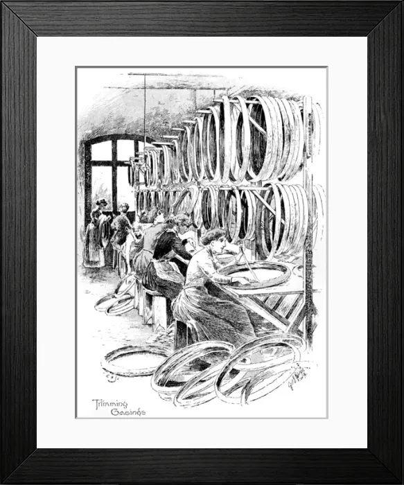 Framed Print : Manufacture of Dunlop tyres, 1896: trimming the casings Framed Print : Manufacture of Dunlop tyres, 1896: trimming the casings