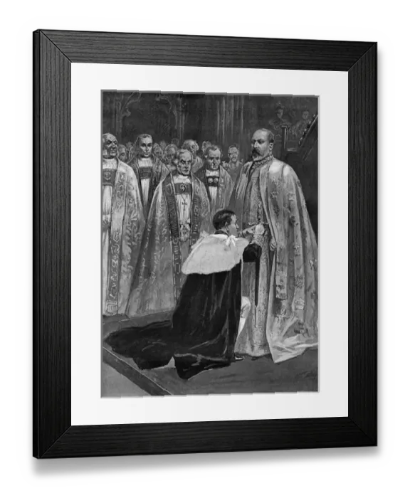 Framed Print : Lord Great Chamberlain girding sword on the King Framed Print : Lord Great Chamberlain girding sword on the King