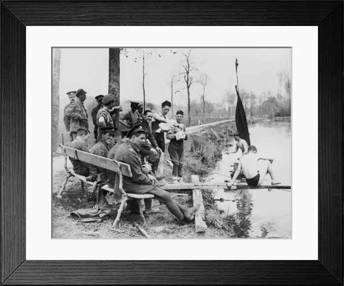 Framed Print : British soldiers swimming during a break, WW1 Framed Print : British soldiers swimming during a break, WW1