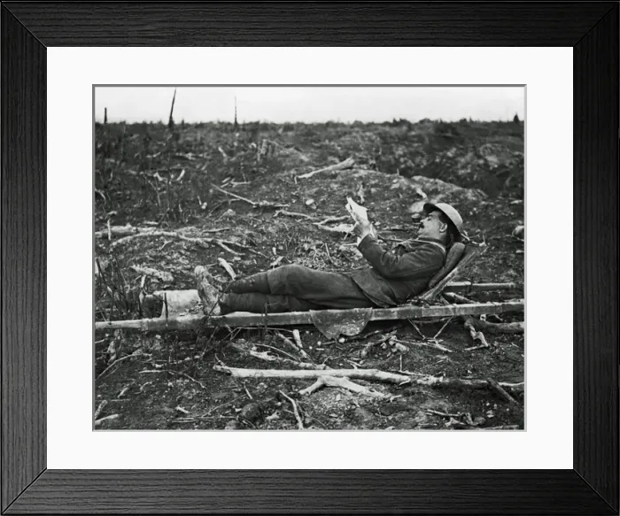 Framed Print : British soldier relaxing on a stretcher, Somme, WW1 Framed Print : British soldier relaxing on a stretcher, Somme, WW1