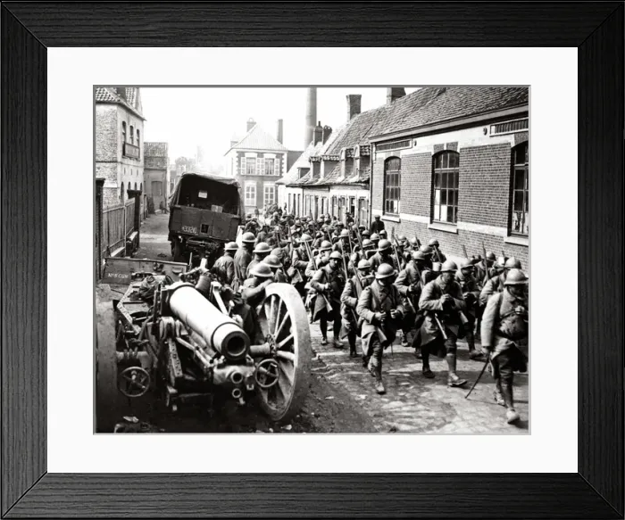 Framed Print : French troops passing British guns, Western Front, WW1 Framed Print : French troops passing British guns, Western Front, WW1